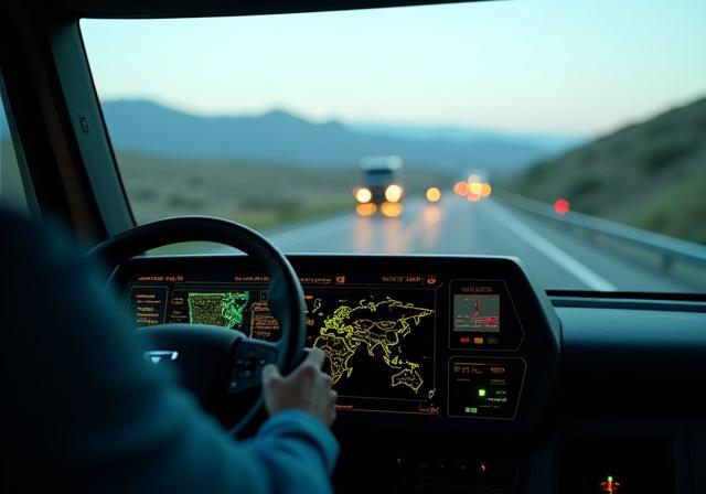 Modern dash interface inside a 181 Transportation truck displaying GPS and logistics data