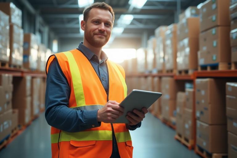 Logistics professional using a tablet to manage color-coded freight in a modern warehouse