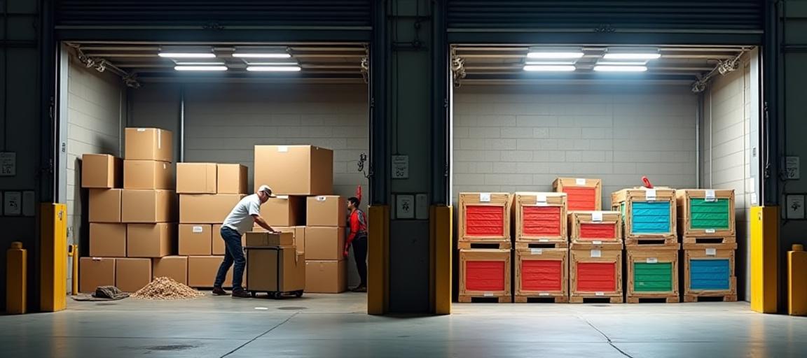 Comparison showing a disorganized warehouse dock versus an organized color-coded loading zone