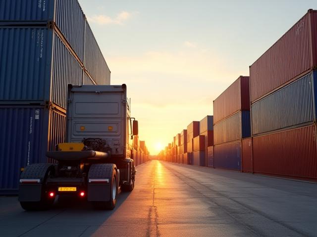 Intermodal containers at a rail terminal awaiting loading