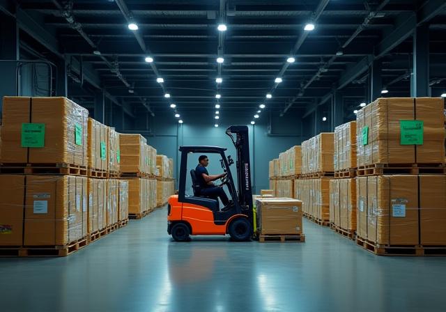 Skilled workers managing LTL freight consolidation in a Sacramento warehouse