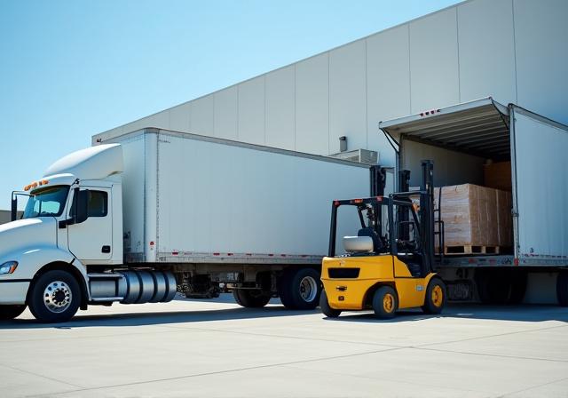 Forklift loading palletized goods into a 181 Transportation truck at a Sacramento manufacturing facility