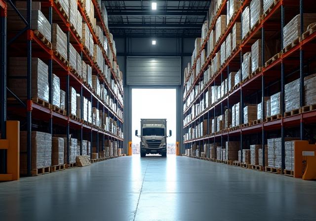 Modern supply chain warehouse with a 181 Transportation truck backed into a loading dock prepared for unloading