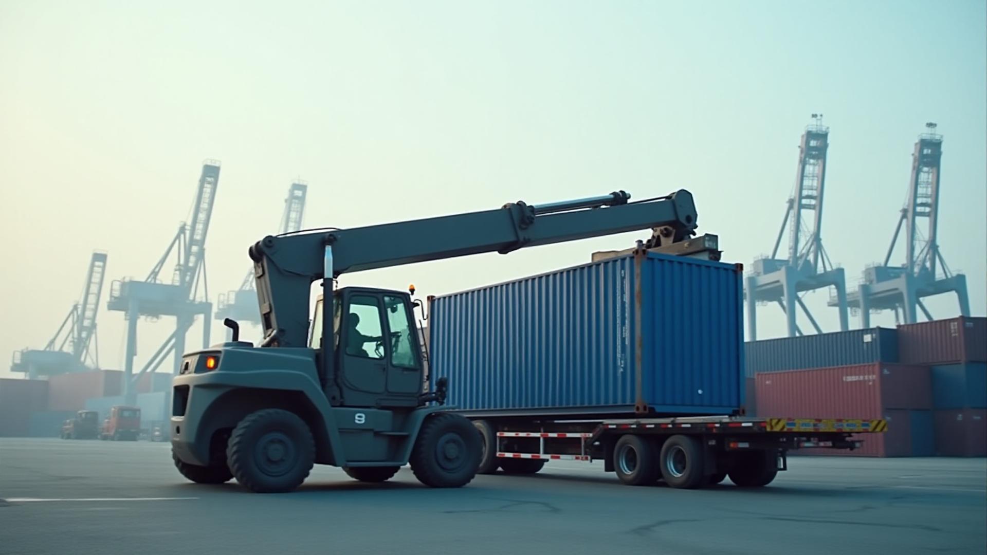 Intermodal shipping container being moved onto a truck chassis at a busy seaport terminal