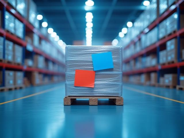 Infographic showcasting color-coded freight labels on organized warehouse pallets