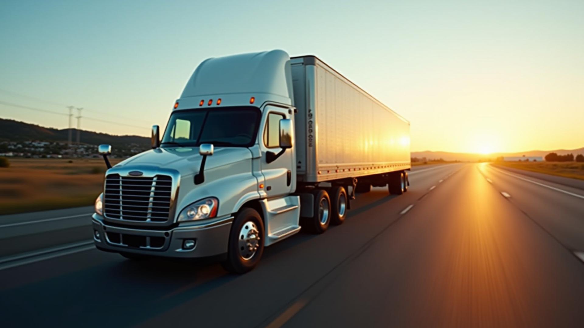 181 Transportation semi-truck driving through a scenic California logistics corridor at sunset